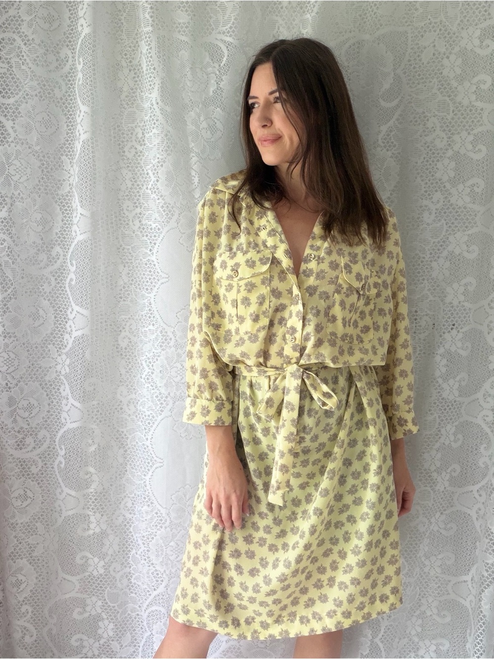 Vintage Floral Midi Dress 80s Butter Yellow Belted Button Front Shirt Dress